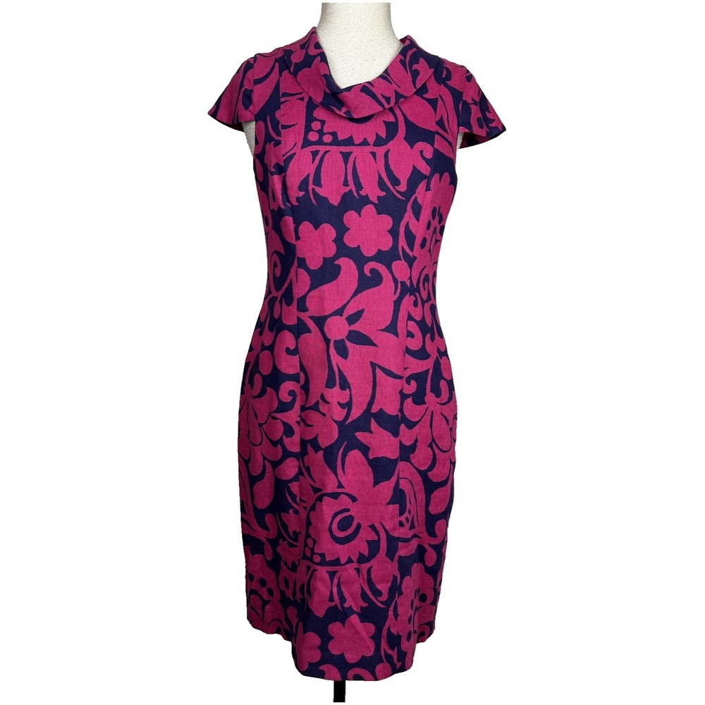 Talbots Dress Womens 8 Pink‎ Floral Linen Cowl Neck Sheath Statement Old Money